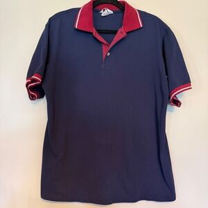 VTG RED KAP Mens Navy Red Stripe Collar‎ Polo Shirt Uniform Work Casual Size L